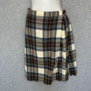 Vtg New Wool Scottish Tartan Plaid Pleated Back Skirt Blue Brown Cream Sz 6-8